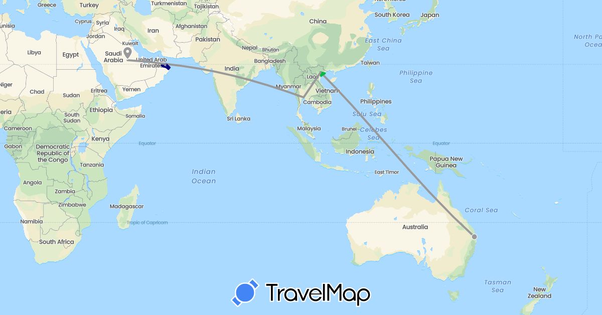TravelMap itinerary: driving, bus, plane, hiking in Australia, Oman, Saudi Arabia, Thailand, Vietnam (Asia, Oceania)